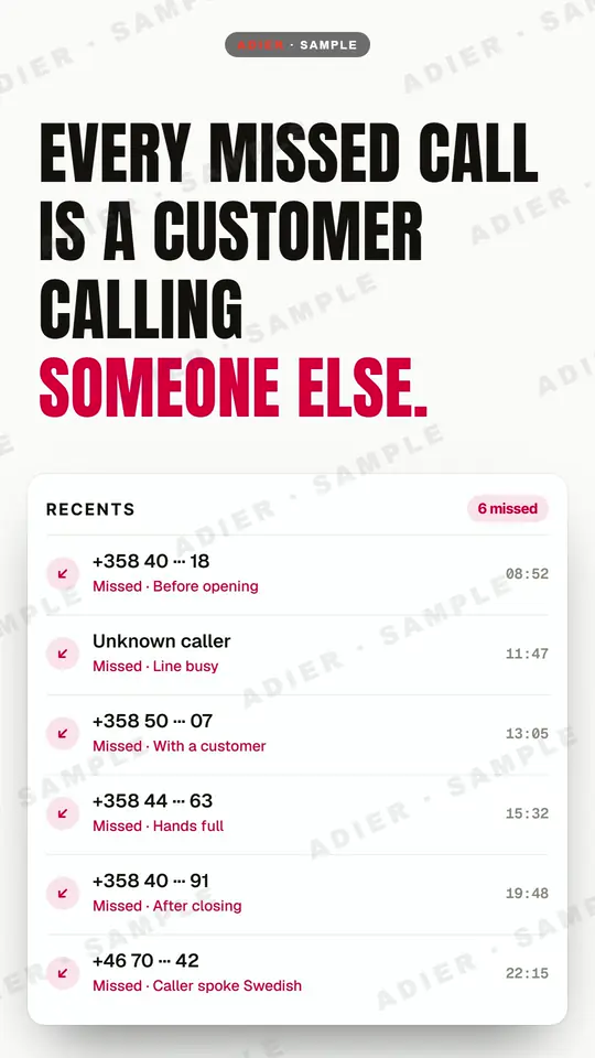 Frame from the Call Company AI ad: the headline “Every missed call is a customer calling someone else” above a recent-calls list