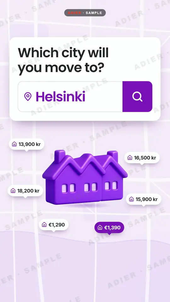 Frame from the Flatta ad: a city search box reading Helsinki with a purple 3D house and rent price tags around the map