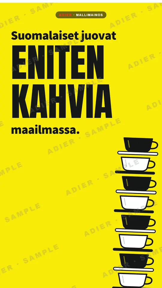 Frame from the Kaffa Roastery ad: a stack of black coffee cups beside a bold Finnish headline about Finns drinking the most coffee in the world