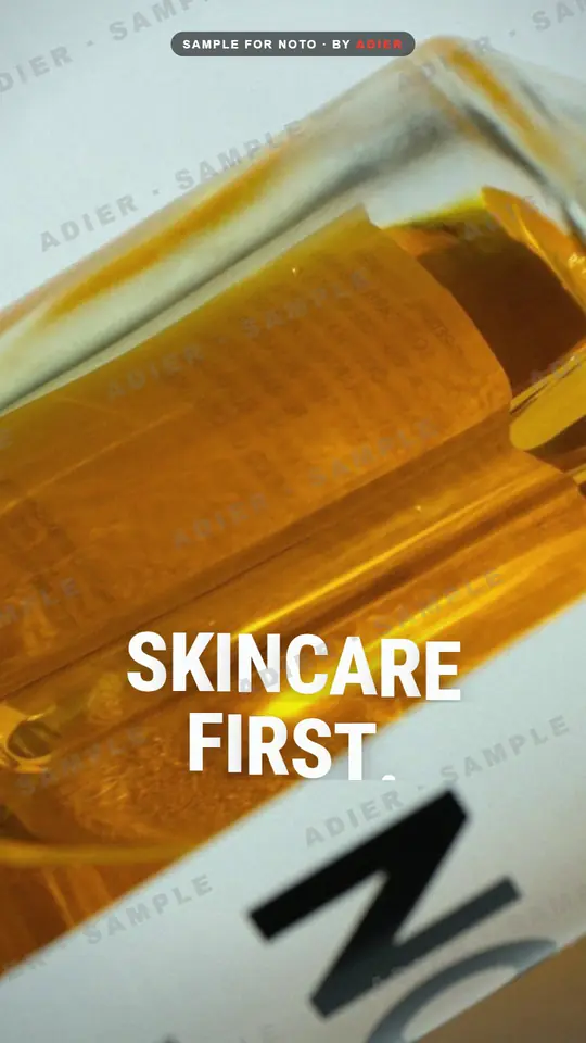 Frame from the NOTO Botanics ad: a golden skincare bottle with the words “Skincare first”