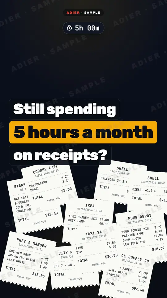 Frame from the SparkReceipt ad: a pile of paper receipts under the question “Still spending 5 hours a month on receipts?”
