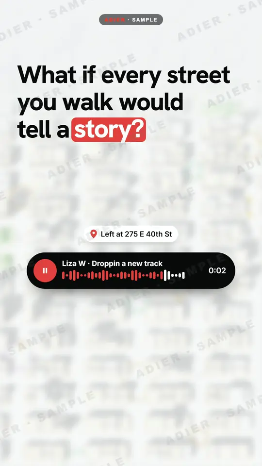 Frame from the StoryDrops ad: a blurred city map under the question “What if every street you walk would tell a story?”